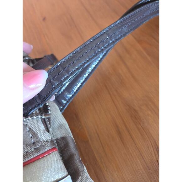 Authentic Coach Monogram Khaki and Vermillion Striped Shoulder Bag Tote Medium - Picture 8 of 13